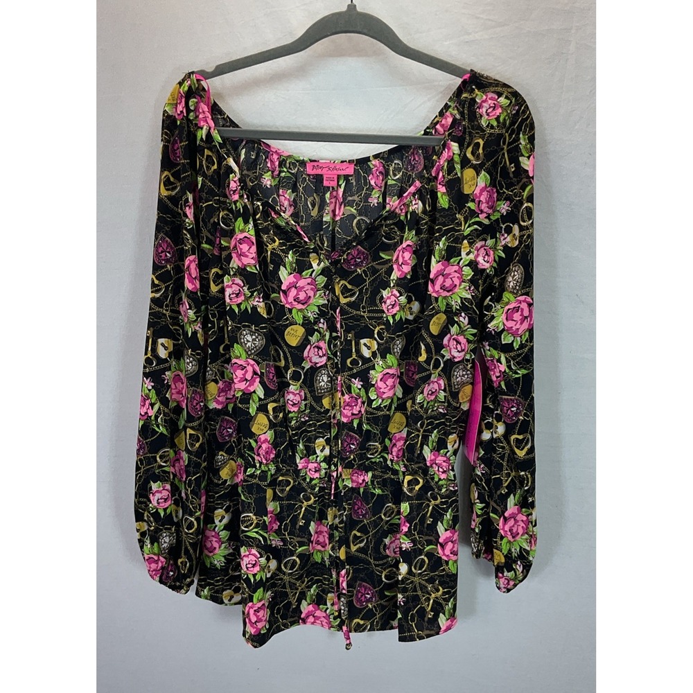 New Betsey Johnson Pink Roses Lock Chain Valentines Top Blouse Sz L Vneck Light